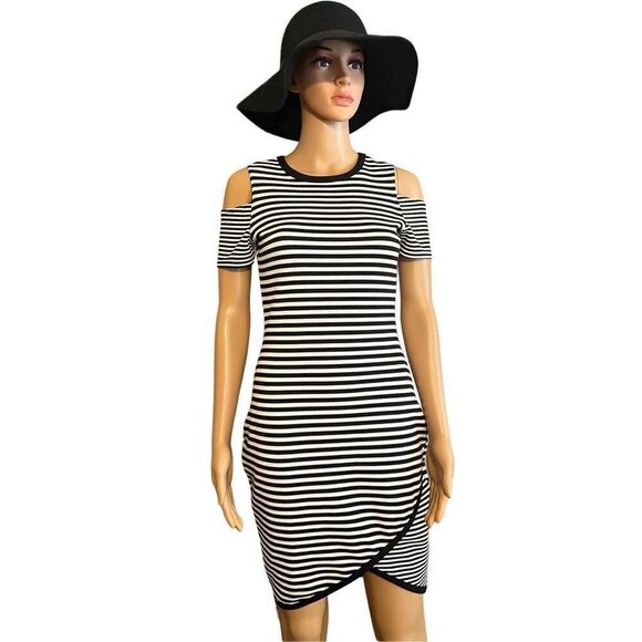 River Island Dresses & Skirts - River Island🌻 Cold Shoulder Breton Stripe Dress Black Knee Length Size us 6